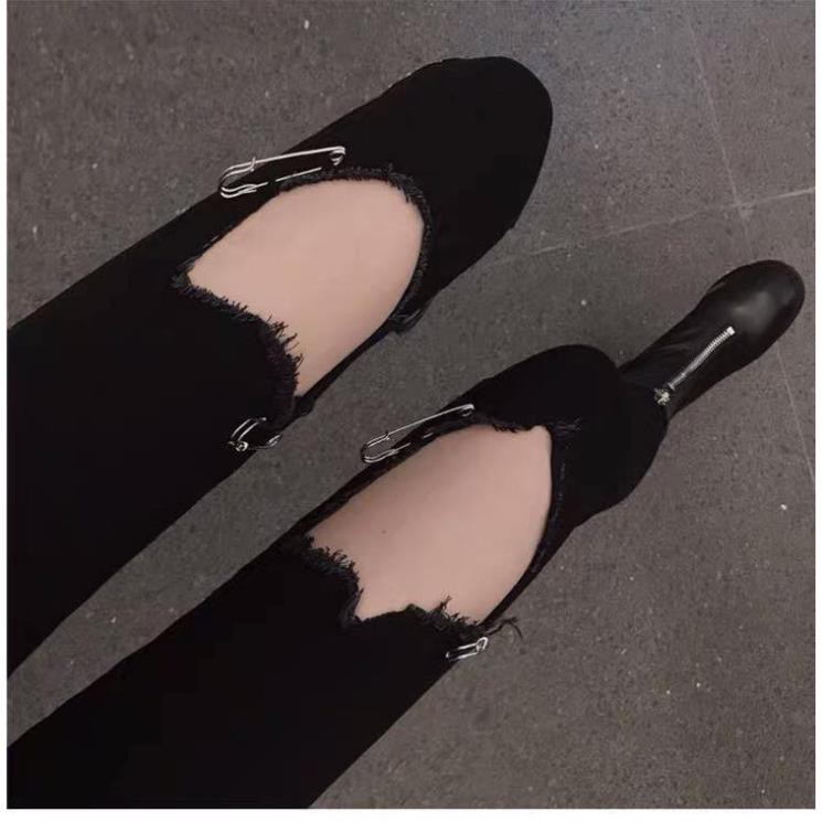 Quần Jean Nữ Lưng Cao Skinny rách trên gối to, quần bò đen nữ co giãn cao cấp