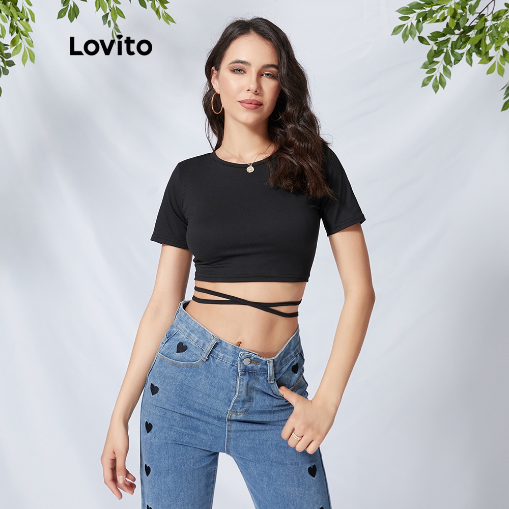 Áo thun Lovito cổ tròn buộc dây màu đen L09086 | BigBuy360 - bigbuy360.vn