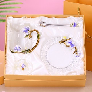 Hộp quà bộ cốc đĩa thủy tinh enamel lan hồ điệp 2 mẫu- song ngư hoa thảo trà