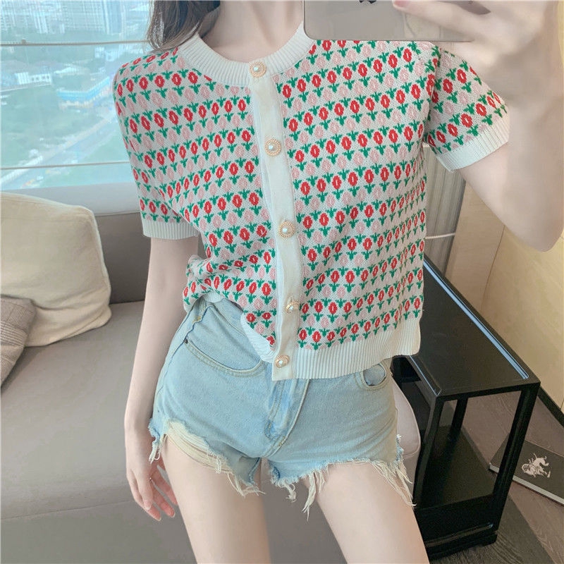 Áo Cardigan Dệt Kim Ngắn Dáng Rộng In Họa Tiết Hoa Đính Nút Ngọc Trai Phong Cách Chanel Hàn Quốc Thời Trang Mùa Hè Cho Nữ