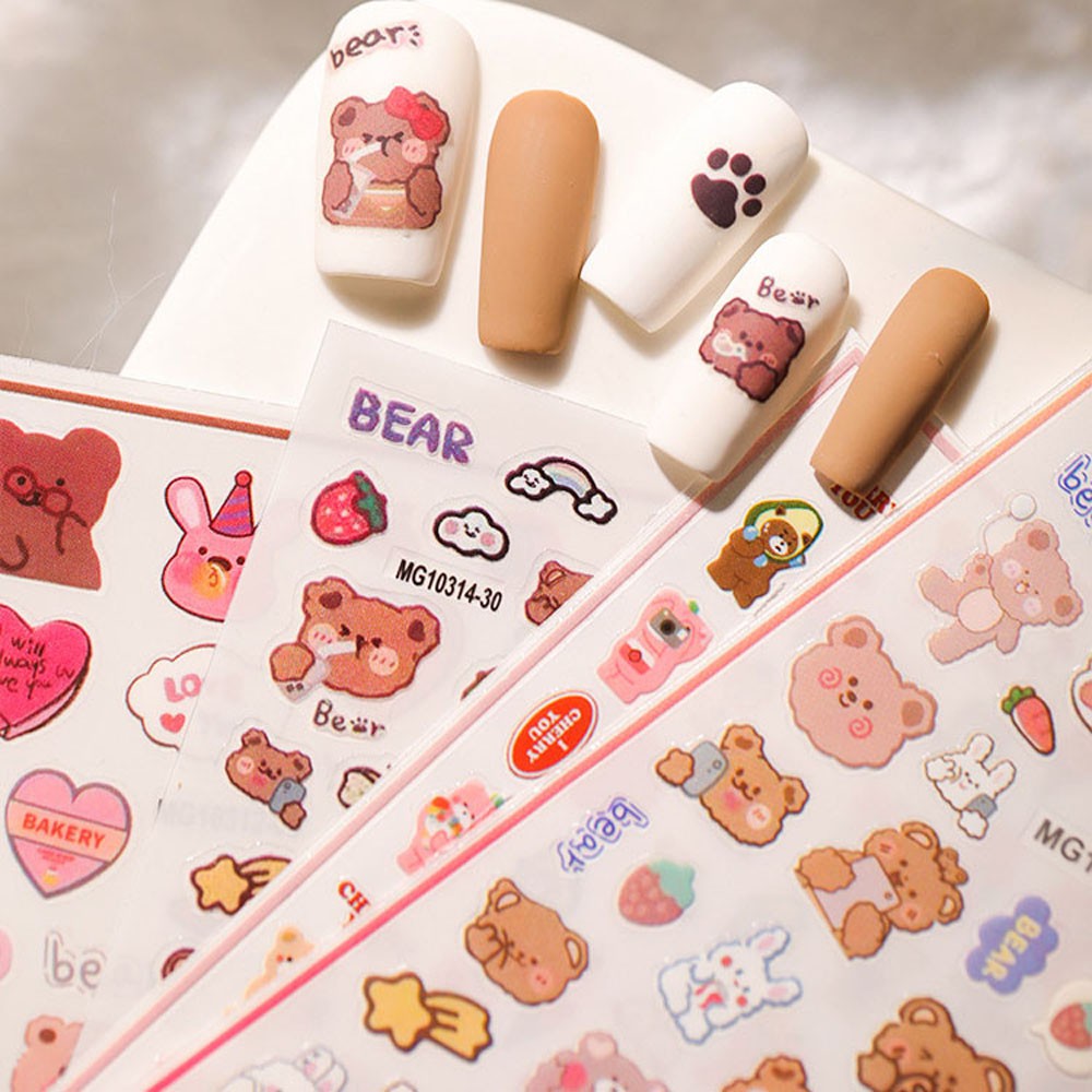 [Hàng mới về] Miếng Dán Trang Trí Móng Nghệ Thuật Họa Tiết Gấu Hoạt Hình 3D Dễ Thương