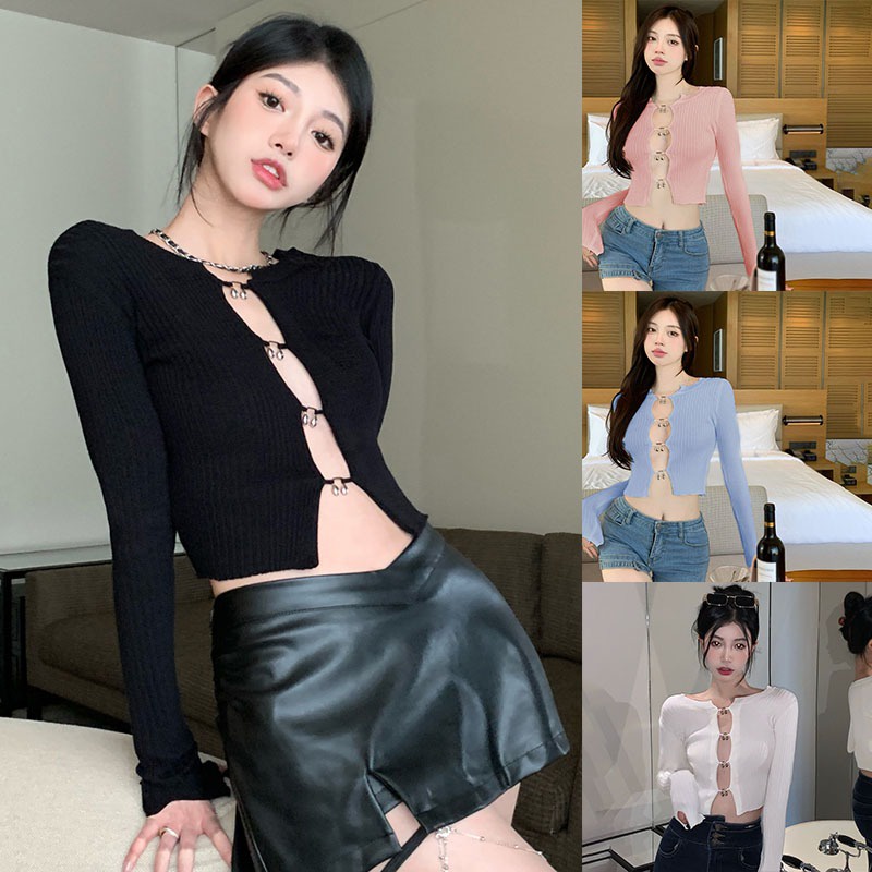 Áo Croptop Dệt Kim Tay Dài Màu Sắc Thanh Lịch