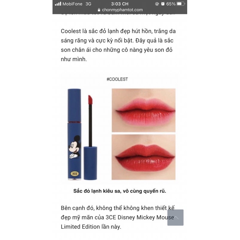 Son Xăm 3CE  Tattoo Lip Tint - 3CE Mickey Edition