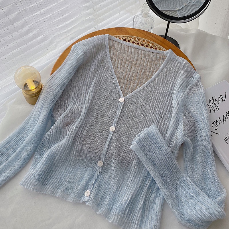 Áo Croptop Dệt Kim Tay Dài Cổ Chữ V Màu Sắc Trơn Phong Cách Hàn Quốc Thời Trang Mùa Hè Dành Cho Nữ