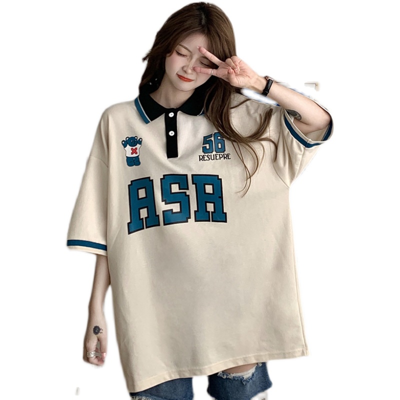 Áo polo Tay Ngắn Dáng Rộng In Chữ Phong Cách Retro Thời Trang Mùa Hè Cho Nữ