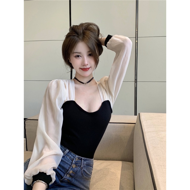Áo thun COZOK tay dài cổ chữ U phối lưới thời trang