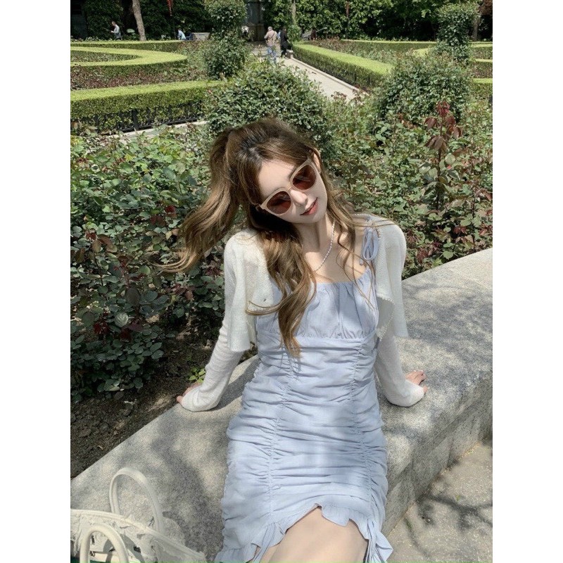 [Mã SKAMSALEP6 giảm 10% tối đa 100K đơn 150K] Set đầm xanh 2 dây nhún thân lai bèo kèm áo khoác trắng | BigBuy360 - bigbuy360.vn