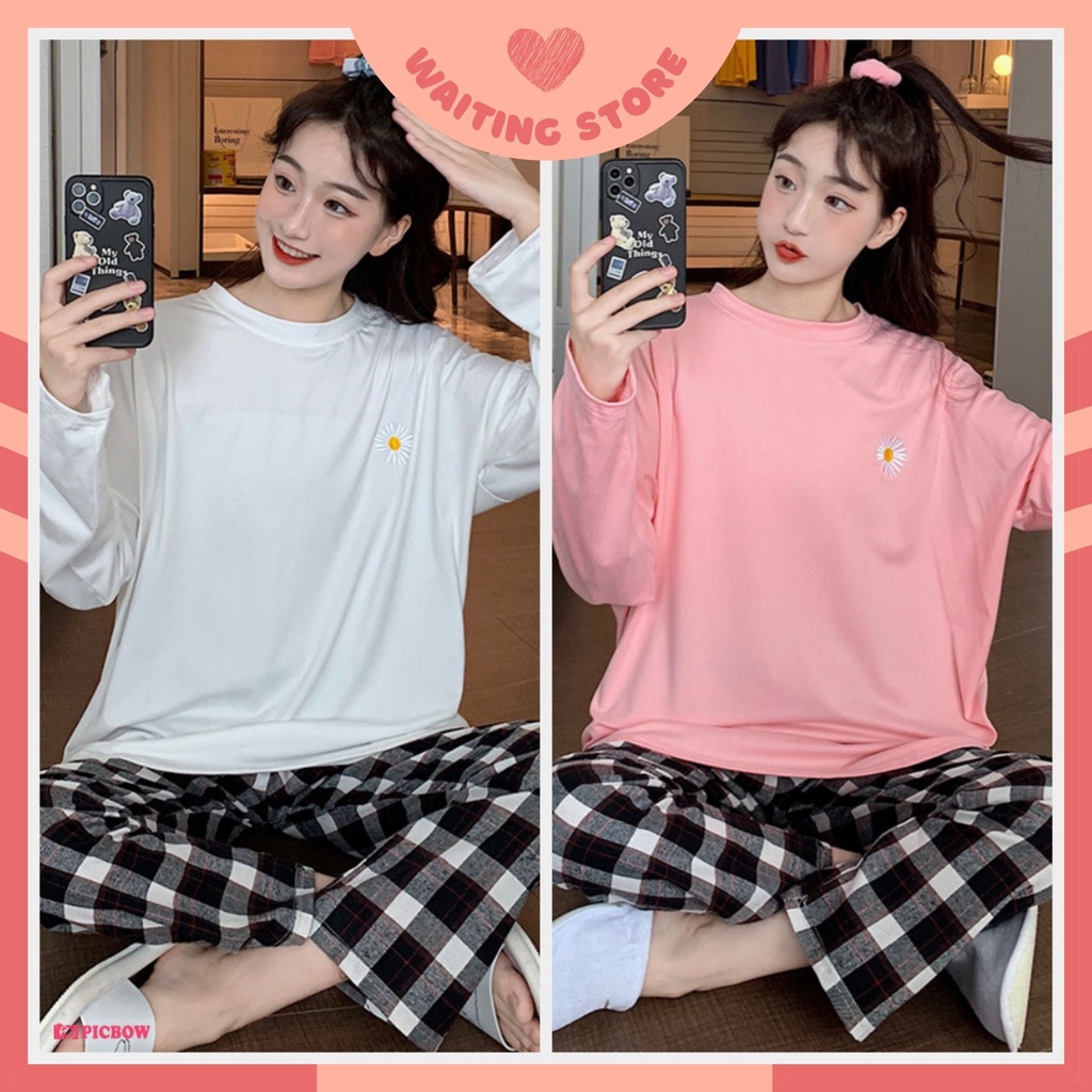 Set Đồ Bộ Ngủ, Mặc Nhà Dài Tay Màu Trơn Thêu Hoa Cúc Kute DDTT03