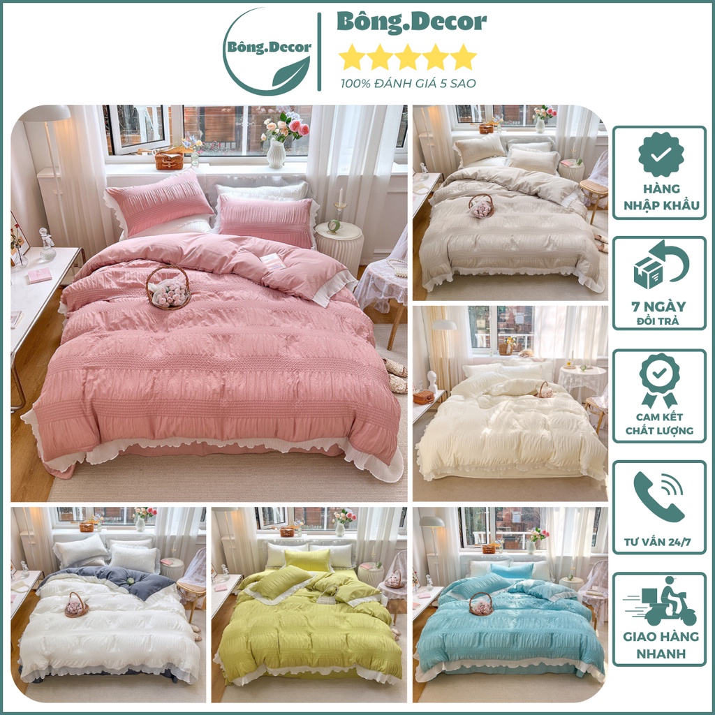 Bộ chăn ga gối cotton đũi dúm 4 món viền bèo công chúa nhập khẩu cao cấp, set ga gối cotton xinh xắn thoáng mát thấm hút