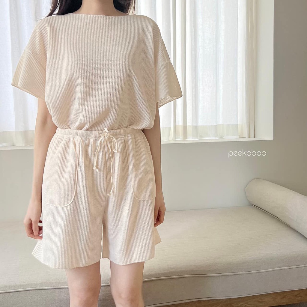 Đồ bộ quần áo cộc tay hachi bé trai gái baby chất len lưới thêu nhẹ mềm mát PEEKABOO Hàn Quốc thời trang trẻ em 2022