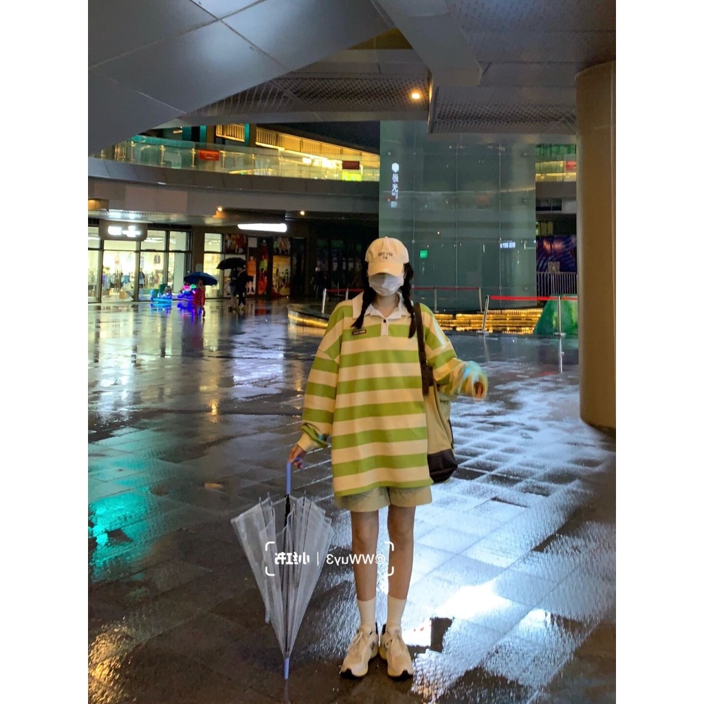 Áo thun tay dài dáng rộng họa tiết sọc ngang thời trang dành cho nữ