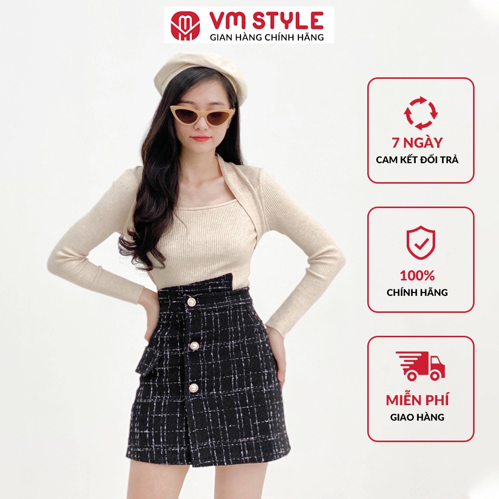 Chân váy chữ A lệch cạp VMSTYLE chất vải dạ cao cấp phối khuy họa tiết kẻ trẻ trung - 21CV11QI0603