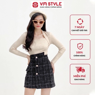 Chân váy chữ a lệch cạp vmstyle chất vải dạ cao cấp phối khuy họa tiết kẻ trẻ trung - 21cv11qi0603