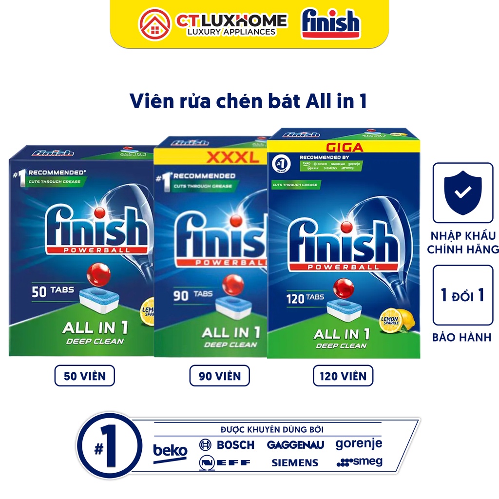Viên rửa chén bát Finish All In One loại 50 viên, 80 viên, 90 viên, 100 viên, 120 viên  - Hàng chính hãng