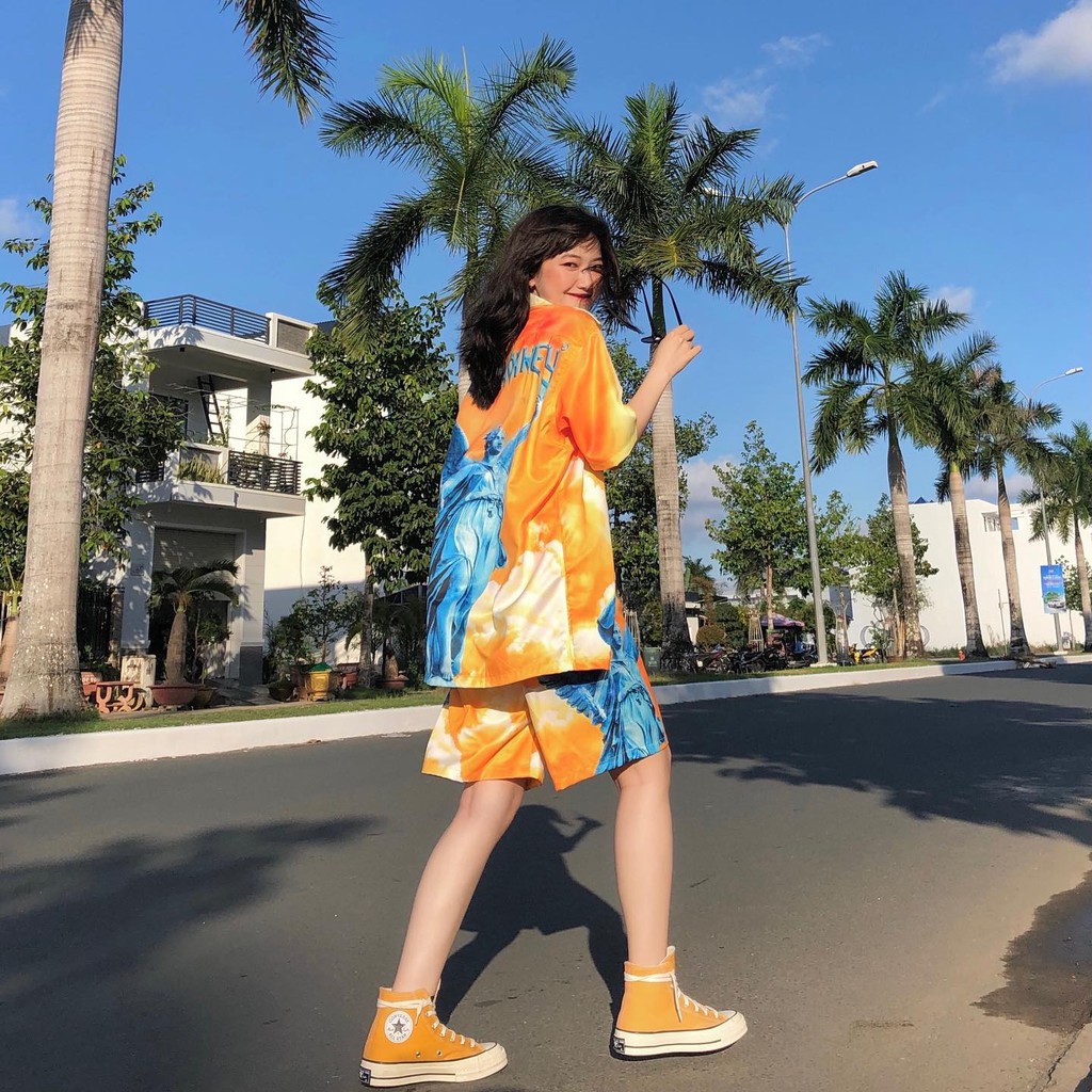 Đồ Bộ Sơ Mi Quần Short URBAN MONKEY SKY GOLDEN Màu Cam Họa TIết
