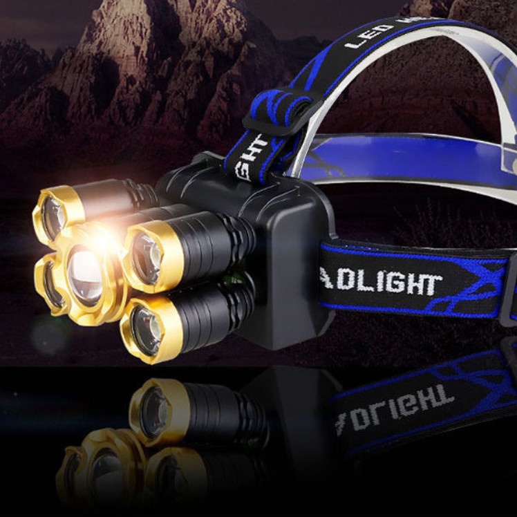 Đèn Pin Đội Đầu 5 Bóng Đeo Trán Siêu Sáng Soi Ban Đêm, Chiếu Xa, Chống Thấm Nước ( Kèm Pin Sạc Tiện Lợi ) khogiasi.247