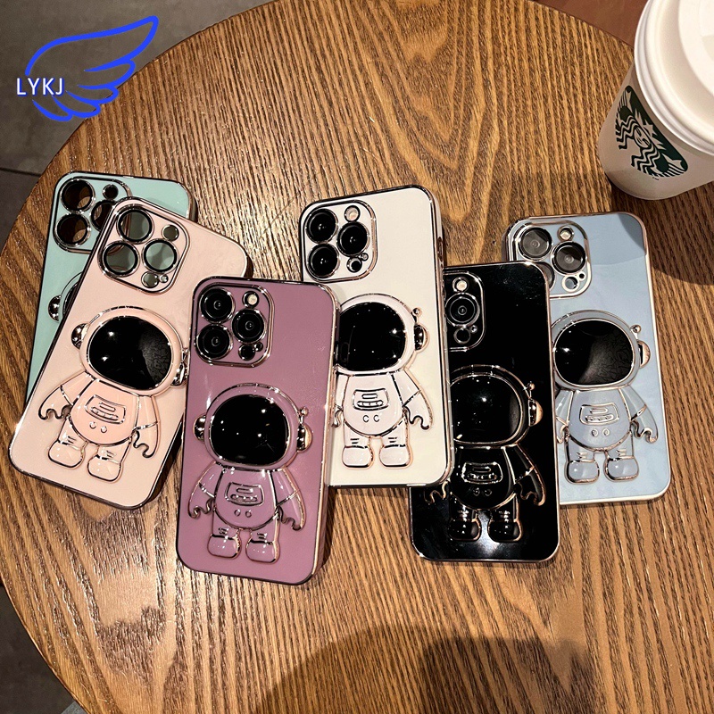 Ốp Điện Thoại Màu Trơn Có Giá Đỡ Mạ Điện Họa Tiết Phi Hành Gia Cho iPhone 13 12promax xs xr xsmax 11promax