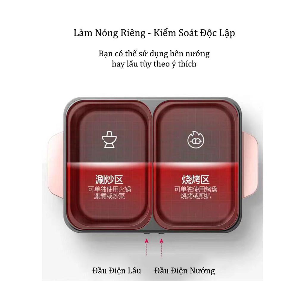 Bếp lẩu nướng điện mini 2 ngăn chống dính BBQ cho 4 người ăn - bảo hành chính hãng 6 tháng