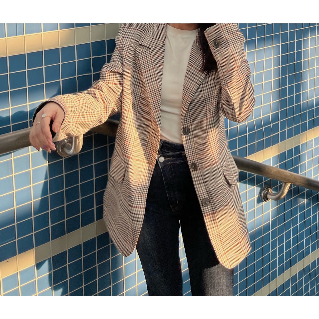 CHARLOTTE BLAZER - áo blazer kẻ thanh lịch trung tính màu kẻ ghi trắng