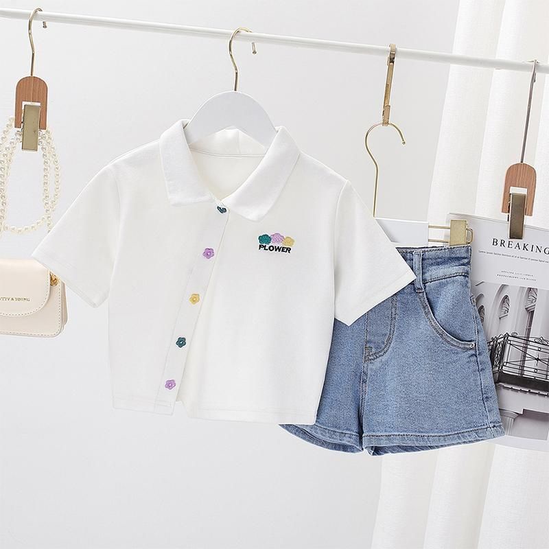 Set Áo polo Tay Ngắn + Quần Short Denim Thời Trang Hè Hàn Quốc Mới 2023 Cho Bé Gái