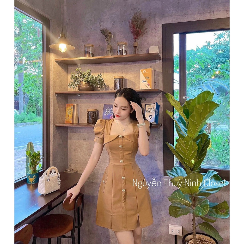 [9.9 Sales Freeship] Đầm tiểu thư chữ A, đầm cổ vuông tay phồng đính nút dáng ngắn xòe xẻ lai đi tiệc sang trọng dx