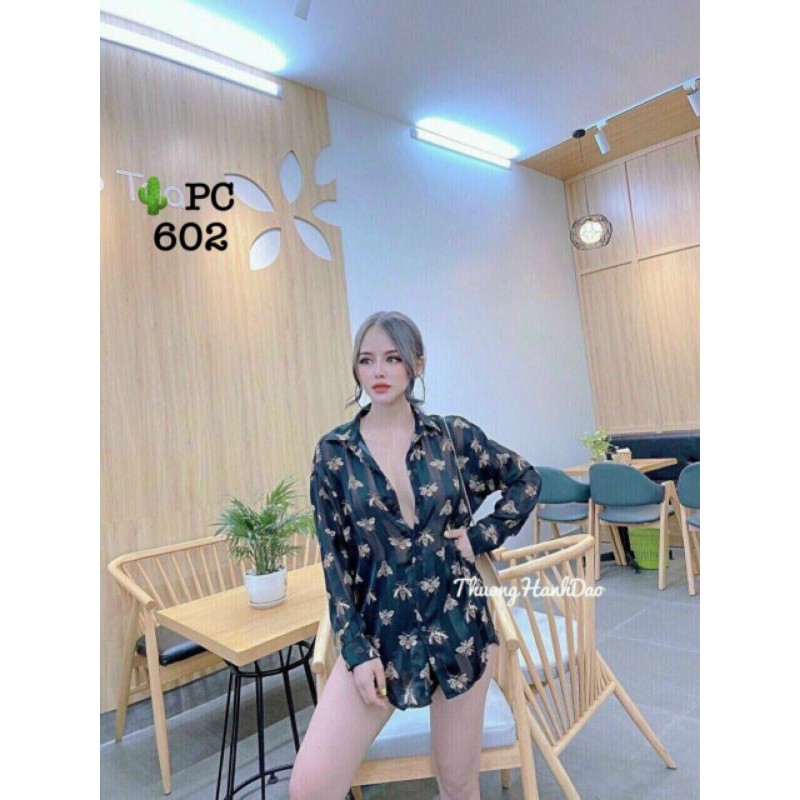 áo Sơ Mi nữ dài tay in hình con ong xinh xắn