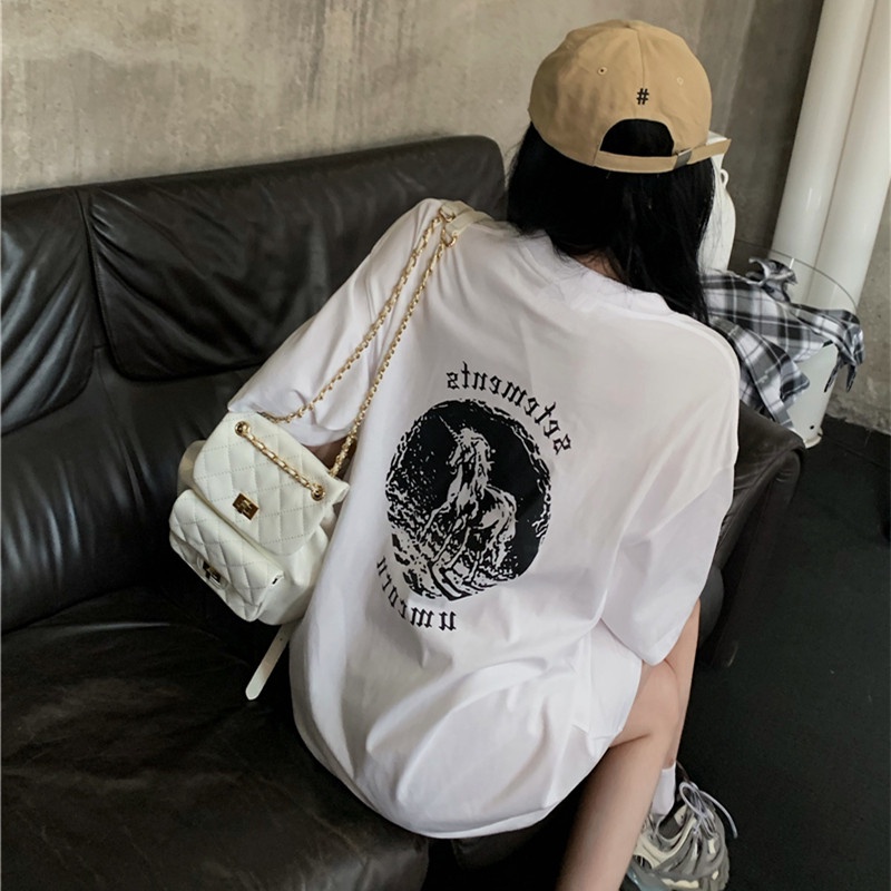 Áo Thun Ngắn Tay Dáng Rộng In Họa Tiết Đơn Giản Cá Tính Cho Nữ Mùa Hè