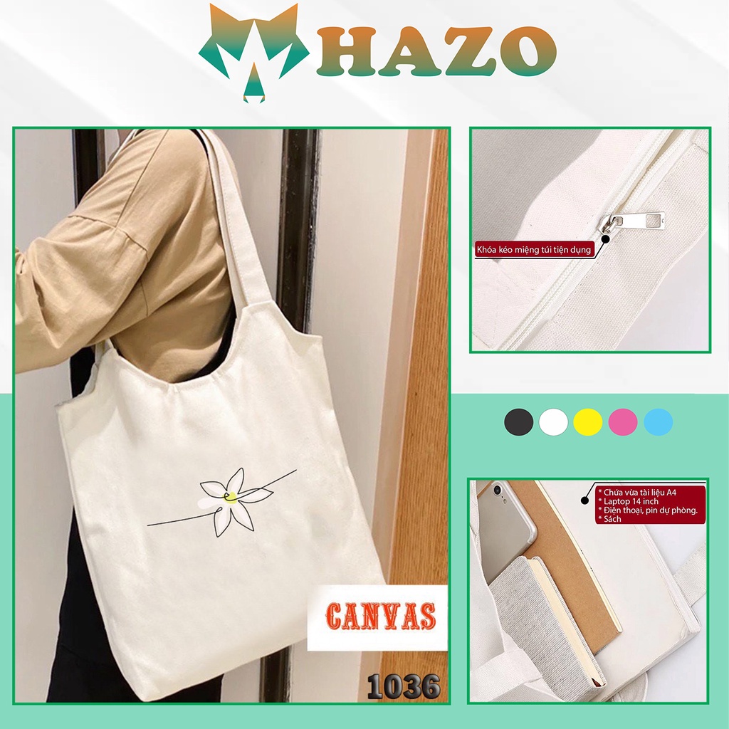 Túi Tote Trắng Chất Vải Canvas 1036 Nhành Hoa Dễ Thương Hàng Chuẩn Đẹp - Hazo