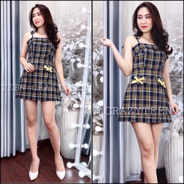 Đầm caro form chữ A thắt dây nơ