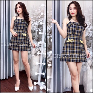 Đầm caro form chữ A thắt dây nơ
