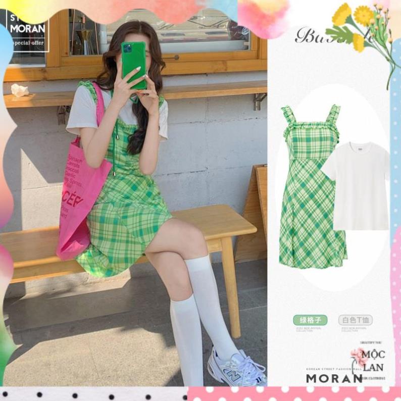 Váy hai dây MORAN màu xanh lá kẻ sọc ô xòe ngắn A-line style đáng yêu Hàn Quốc