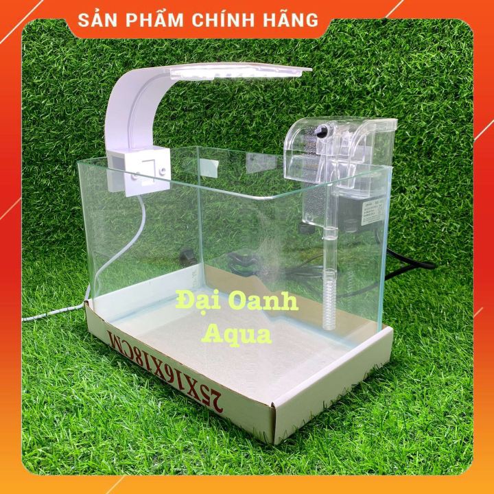 Bộ Bể Cá Kính Đúc Mini 25cm Kèm Đèn Lọc Để Bàn, Dài 25cm Rộng 16cm Cao 18cm - Bể Cá Mini