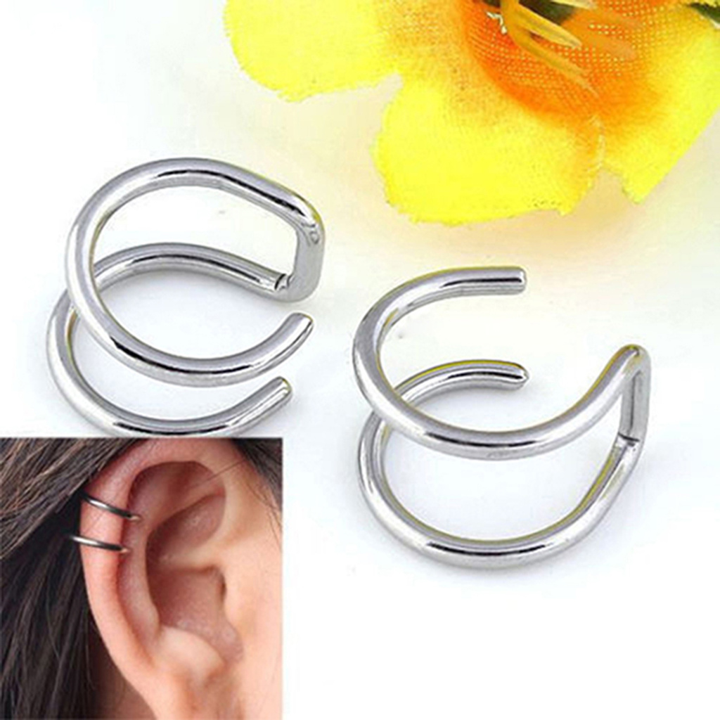 <sujianxia> Ear Clip Cuff Cool Non Pierced Stainless Steel 2-row Fake Cartilage Earrings for Bar