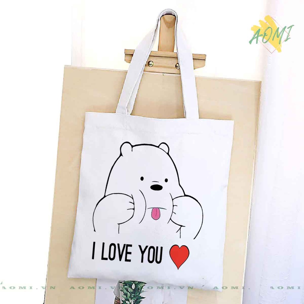 (nhiều mẫu) TOTE CANVAS GẤU WE ARE BEARS TÚI VẢI ĐEO VAI BAG KHÓA KÉO SIZE LỚN 33x38cm AOMIVN MÀU ĐEN TRẮNG