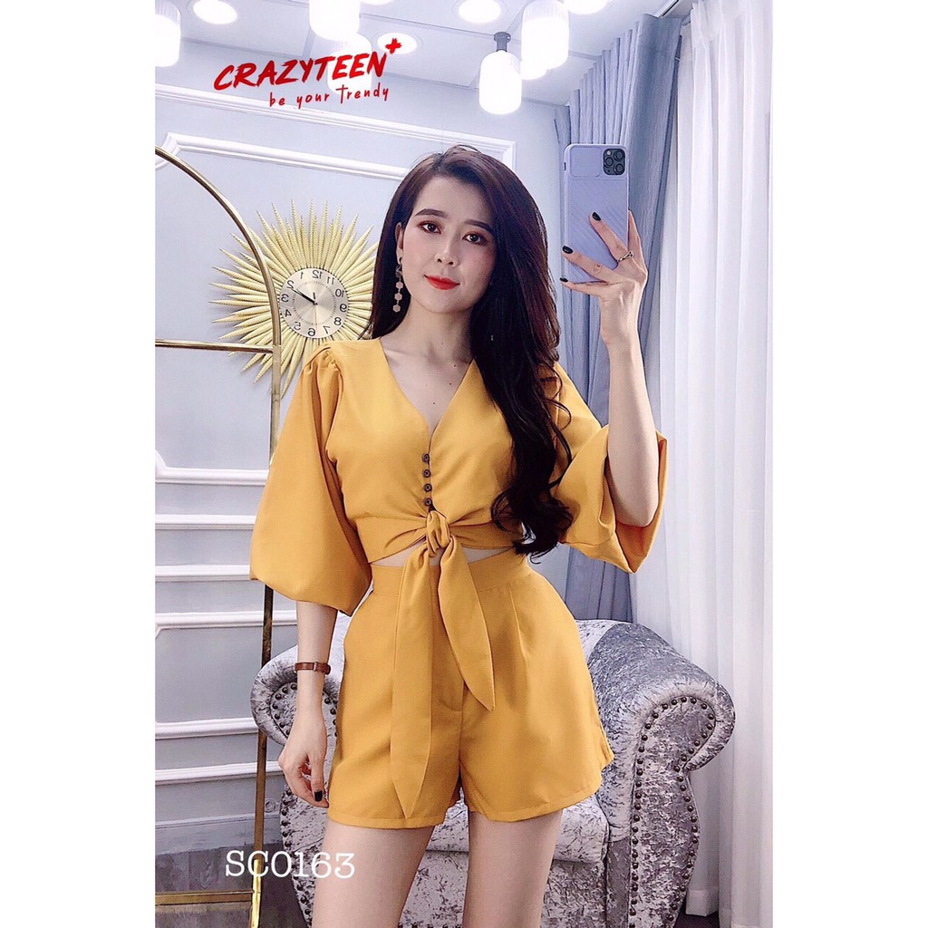 Bộ đùi voan ngắn phối áo thắt nơ bụng xì teen TTSA0467