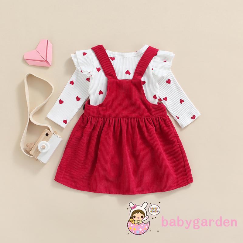 Bộ áo liền quần cổ tròn tay dài phối bèo in họa tiết trái tim kèm đầm yếm thời trang dành cho bé gái