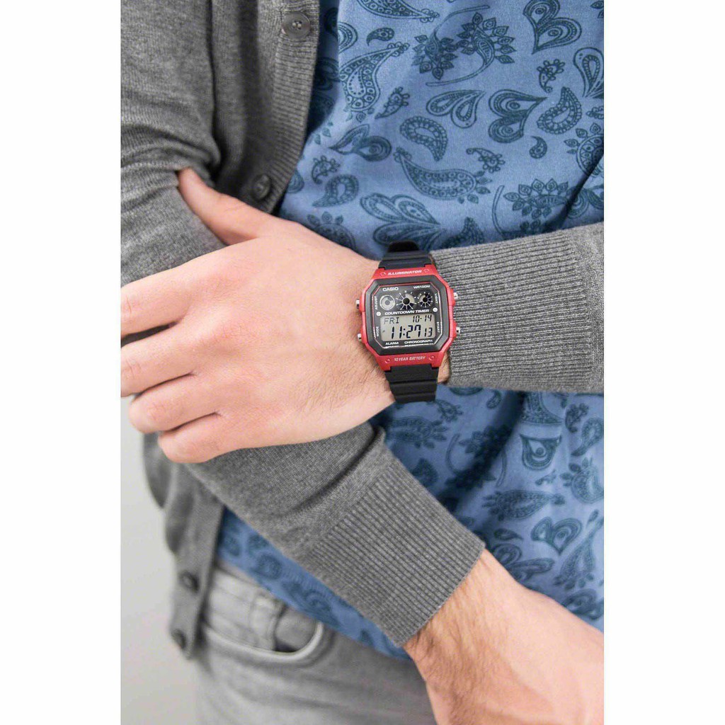 Đồng hồ nam CASIO AE-1300WH-4AVDF Dây nhựa đen - Viền đỏ - Pin 10 năm - Chống nước , bảo hành 12 tháng
