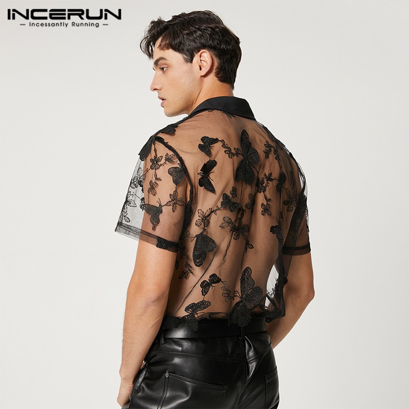 Áo sơ mi INCERUN tay ngắn xuyên thấu thêu hình bướm thời trang cho nam