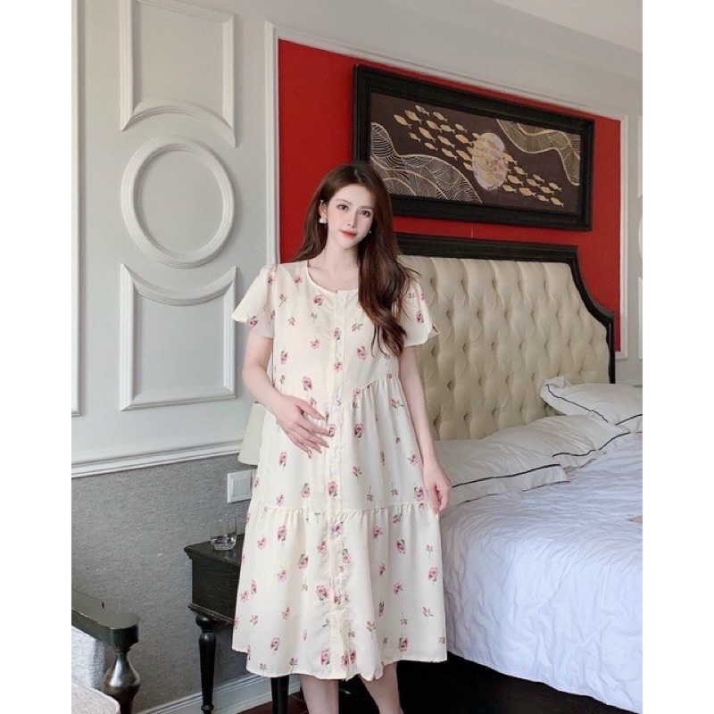 Đầm váy Bầu thiết kế ĐẸP RẺ, vải Voan 2 lớp tay bồng xinh xắn, FREESIZE mặc thoải mái suốt thai kì