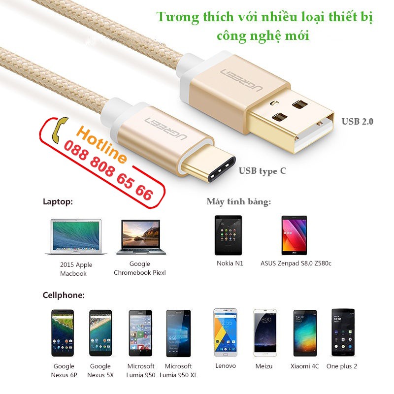 Cáp USB-C to USB 2.0 dài 1m chính hãng Ugreen 20860