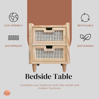 Tủ Đầu Giường Gỗ Tự Nhiên Vintage 2 Hộc Tủ - Mây Đan Mắt Cáo - JECRIS