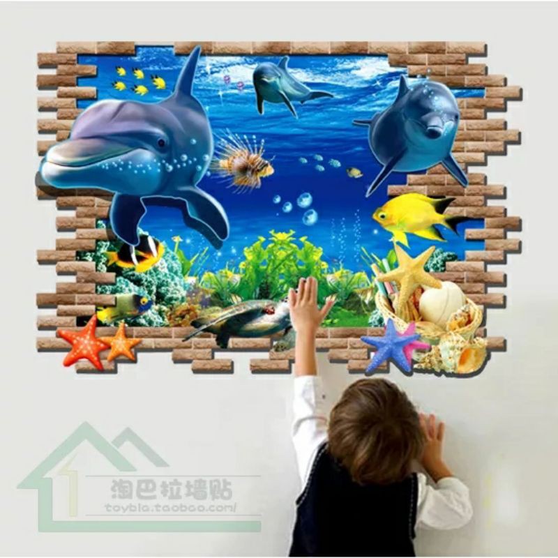 Decal dán tường 3D- Cá voi đại dương xanh 🐳