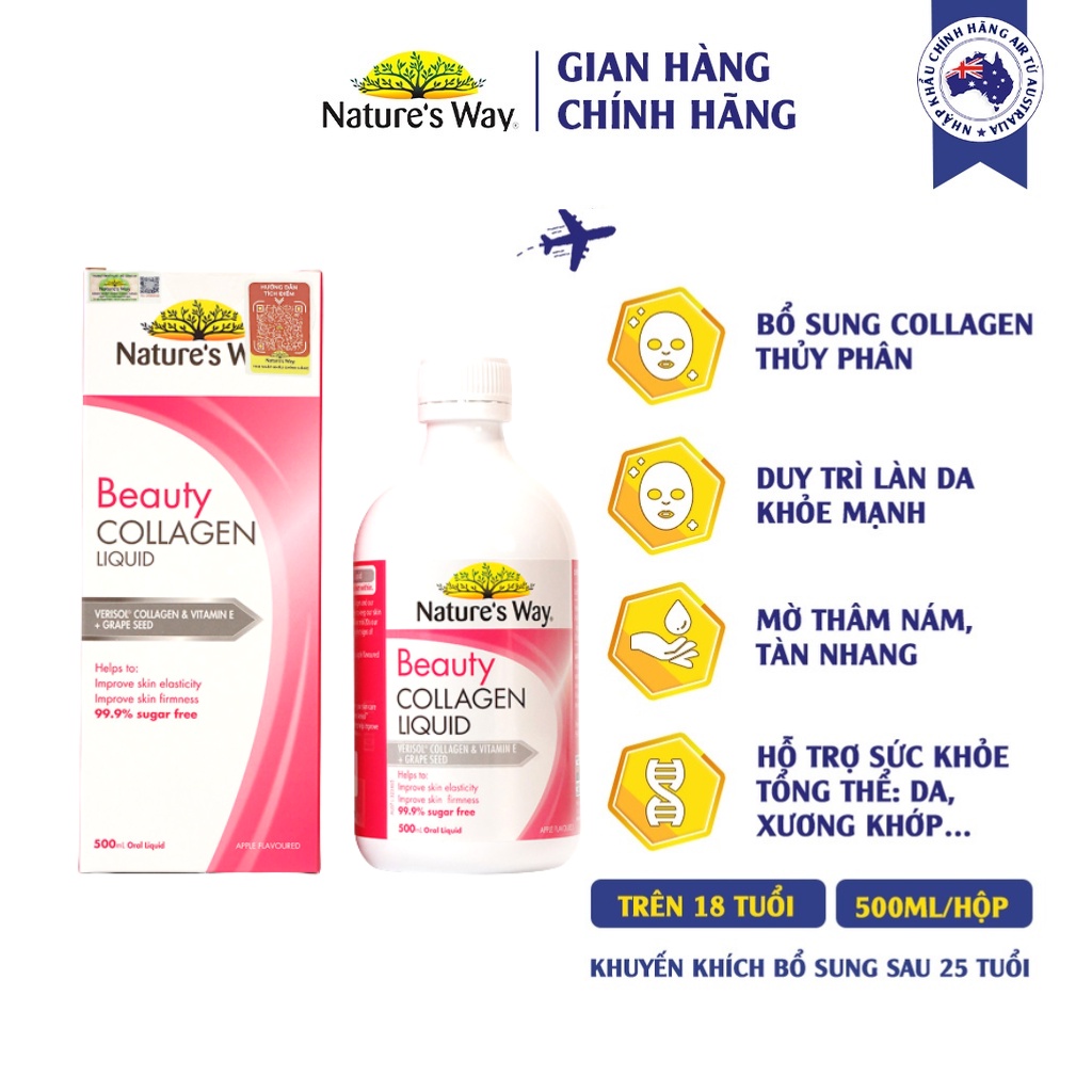 Collagen Dạng Nước Bổ Sung Collagen Thủy Phân Giúp Sáng Da Nature's Way Beauty Collagen Liquid 500ml