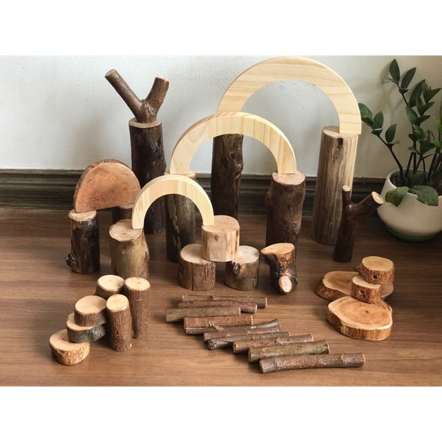 Combo khối gỗ tự nhiên, khối gỗ Reggio Emilia giáo cụ học tập, trang trí nhà cửa, xếp hình