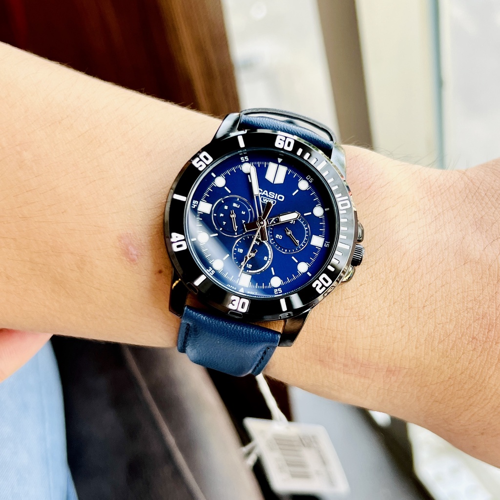 Đồng hồ nam cao cấp Casio MTP VD300BL -2E Dây da mặt xanh 6 kim viềng đen chống nước 3atm Bảo hành 1 năm Hyma watch