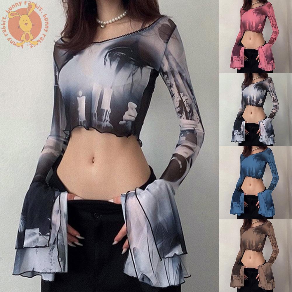 Áo Croptop Tay Loe Phối Lưới Xuyên Thấu Thời Trang Cho Nữ