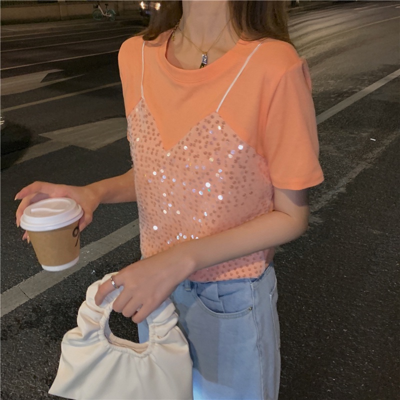 Áo Thun Tay Ngắn Cổ Tròn Đính Kim Sa Lấp Lánh Thời Trang Hàn Quốc Cá Tính