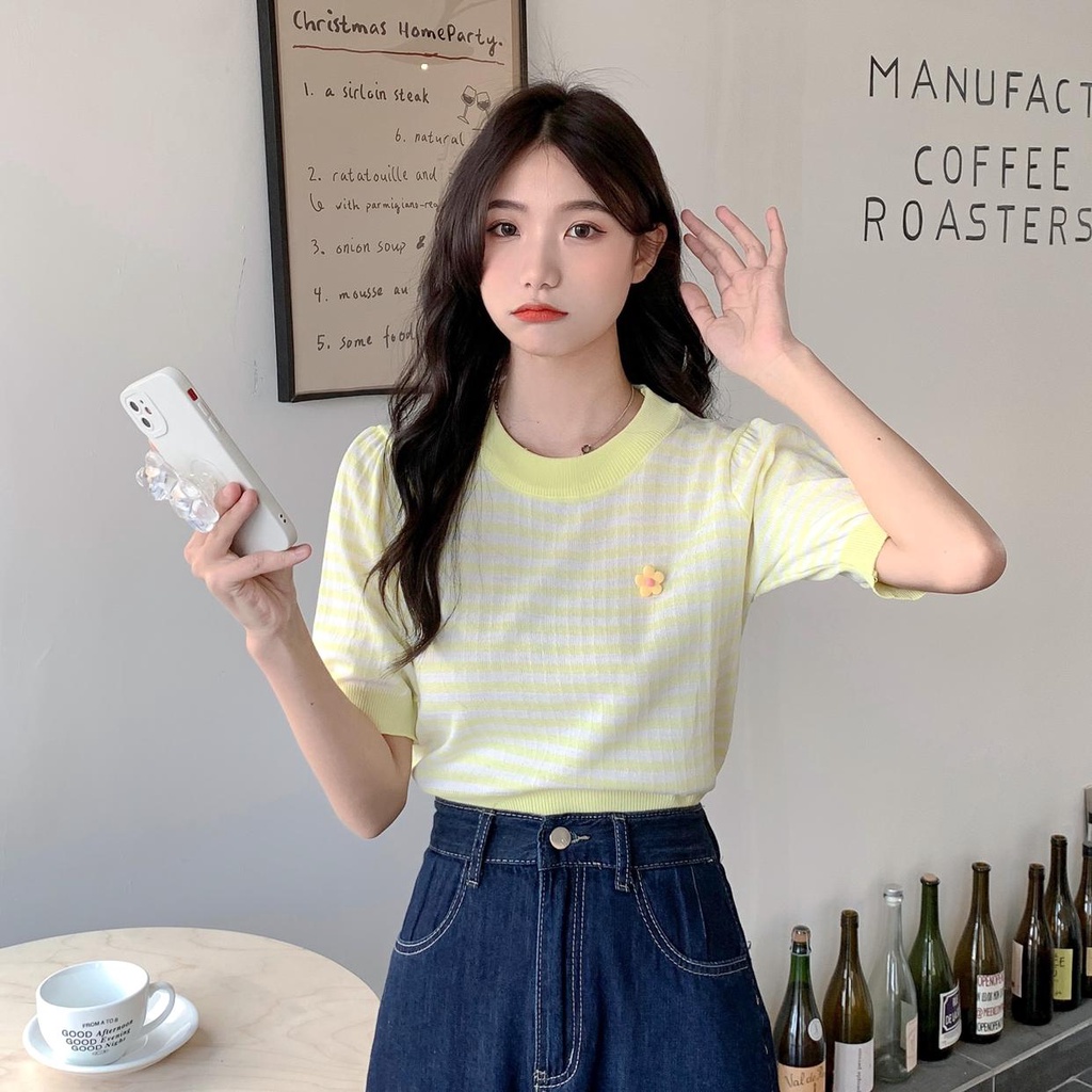 Áo Thun Dệt Kim Tay Ngắn Dáng Ôm Họa Tiết Kẻ Sọc Thời Trang Mùa Hè Xinh Xắn Cho Nữ