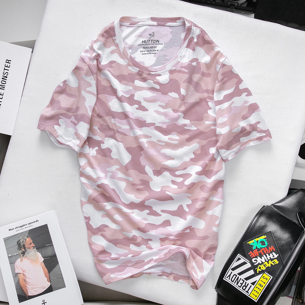 Áo Phông Nam HUTTON, Áo Thun Nam Cổ Tròn Hoạ tiết Camo, TRƠN, Chất liệu thoáng má