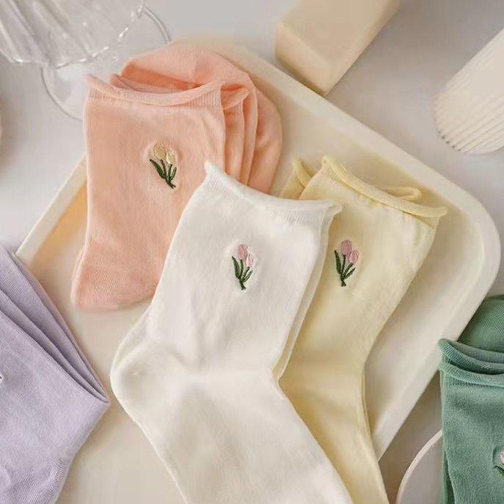 Vớ Cotton Thoáng Khí Thoải Mái Thêu Họa Tiết Hoa Tulip Màu Sắc Đơn Giản Phong Cách Harajuku Cho Nữ